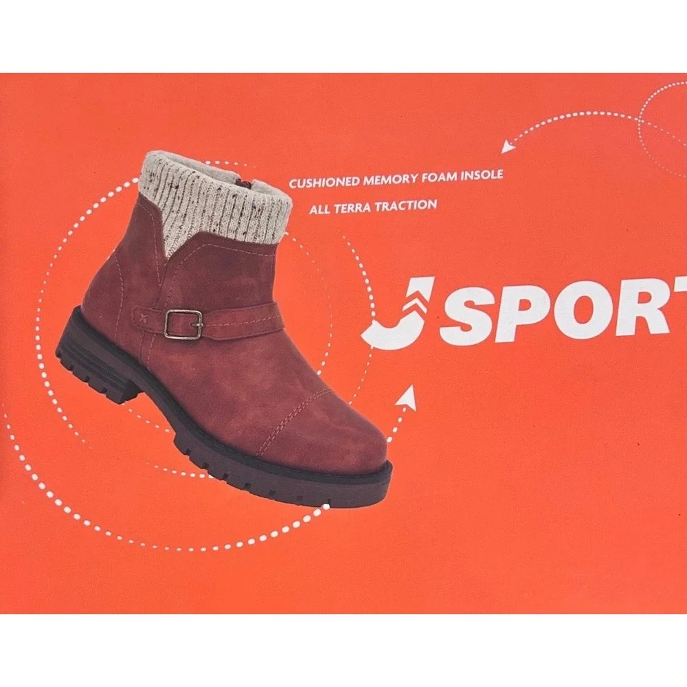 NWOT JSport by Jambu Violet Brown Knit Collar Ankle Boots Womens‎ 11M Lug Sole